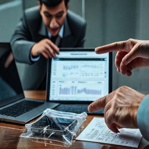 Perito e advogado analisando evidências digitais com smartphone lacrado e ferramentas forenses em laptop.