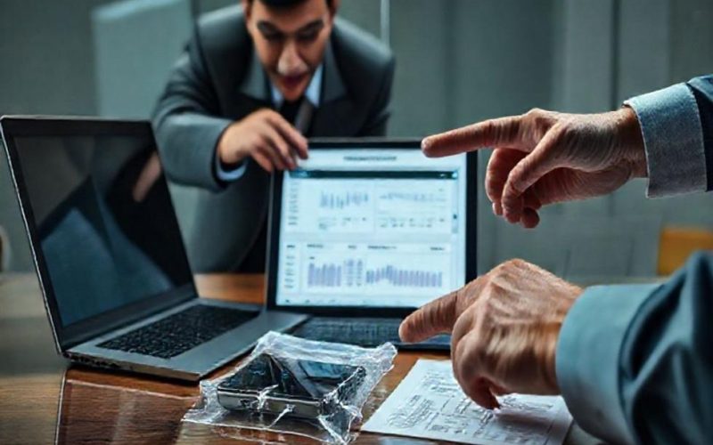 Perito e advogado analisando evidências digitais com smartphone lacrado e ferramentas forenses em laptop.