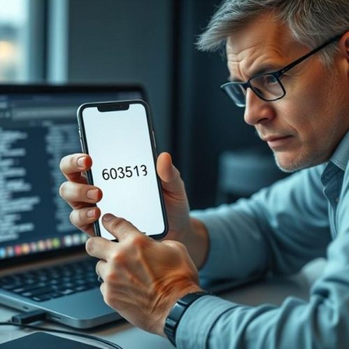 Adulto analisando código de verificação em smartphone com logs de autenticação no laptop, simbolizando segurança digital.
