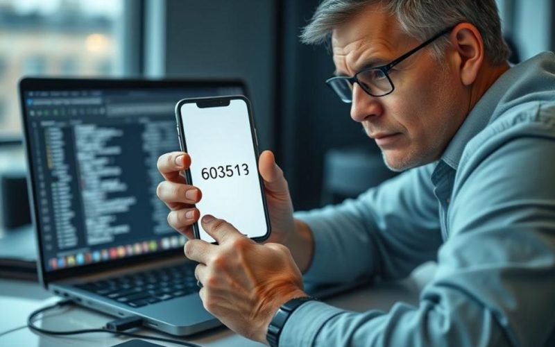 Adulto analisando código de verificação em smartphone com logs de autenticação no laptop, simbolizando segurança digital.