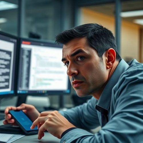 Ilustração fotorrealista de perito forense digital analisando evidências de golpes online.