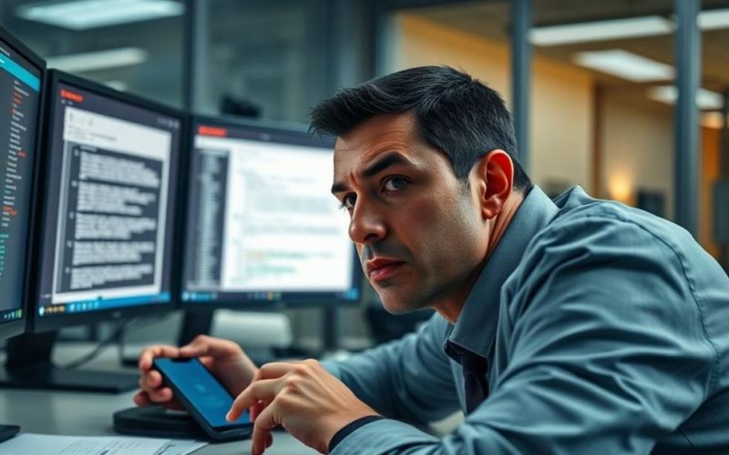 Ilustração fotorrealista de perito forense digital analisando evidências de golpes online.