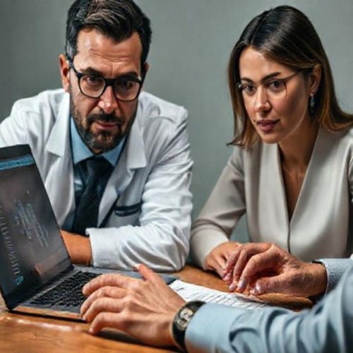 Perito e advogado analisando evidências digitais com documentos de cadeia de custódia em ambiente profissional.