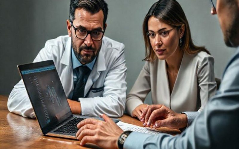 Perito e advogado analisando evidências digitais com documentos de cadeia de custódia em ambiente profissional.