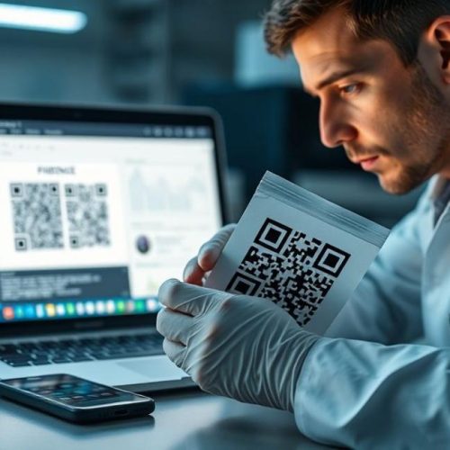 Perito forense analisando QR Codes em laboratório com equipamentos digitais e evidências físicas.