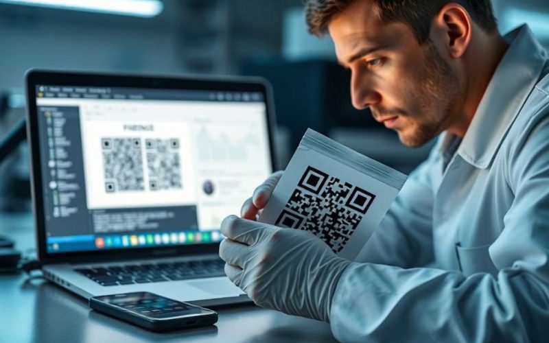 Perito forense analisando QR Codes em laboratório com equipamentos digitais e evidências físicas.