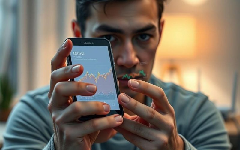 Usuário consultando painel de consumo de dados em smartphone, imagem representativa da gestão de franquia.