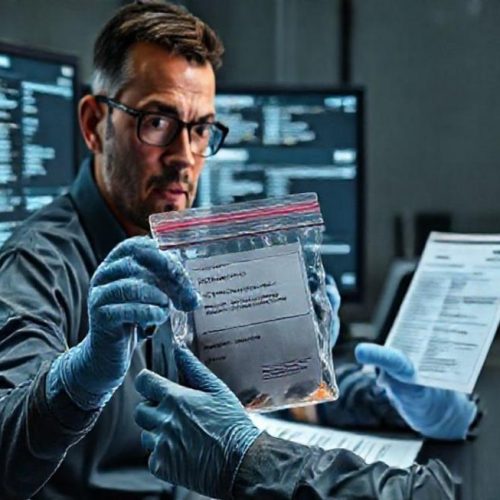 Perito forense comparando hashes em estação de trabalho com evidências e documentação.