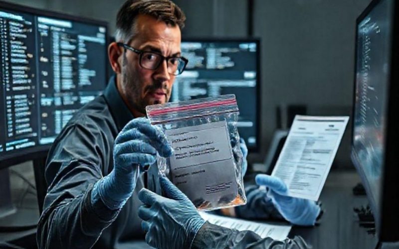 Perito forense comparando hashes em estação de trabalho com evidências e documentação.