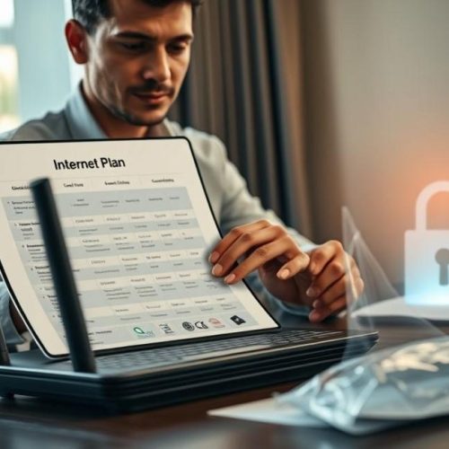 Pessoa avaliando opções de plano de Internet com foco em segurança e preservação de evidências.