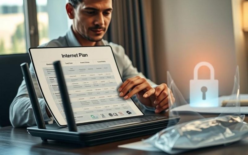 Pessoa avaliando opções de plano de Internet com foco em segurança e preservação de evidências.