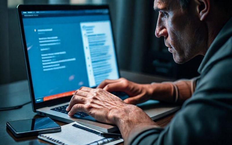 Pessoa analisando alertas de segurança no notebook após suspeita de vazamento de dados
