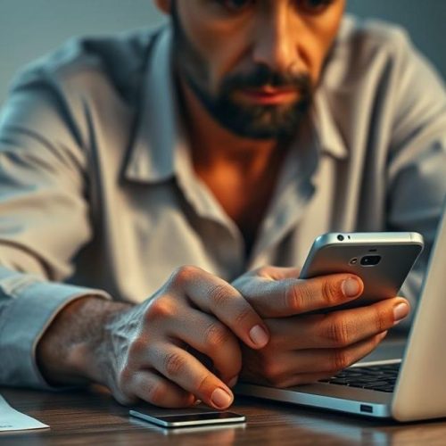 Imagem de capa mostrando um consumidor preocupado ao usar laptop e smartphone, representando receio com fraudes em compras online.