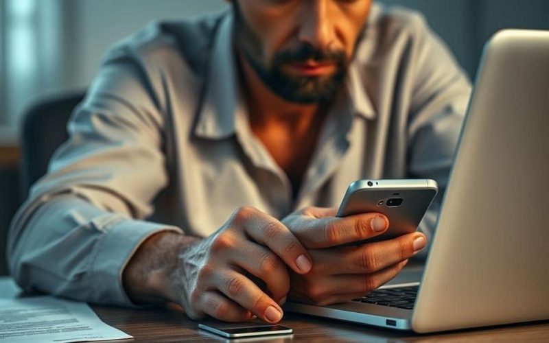 Imagem de capa mostrando um consumidor preocupado ao usar laptop e smartphone, representando receio com fraudes em compras online.