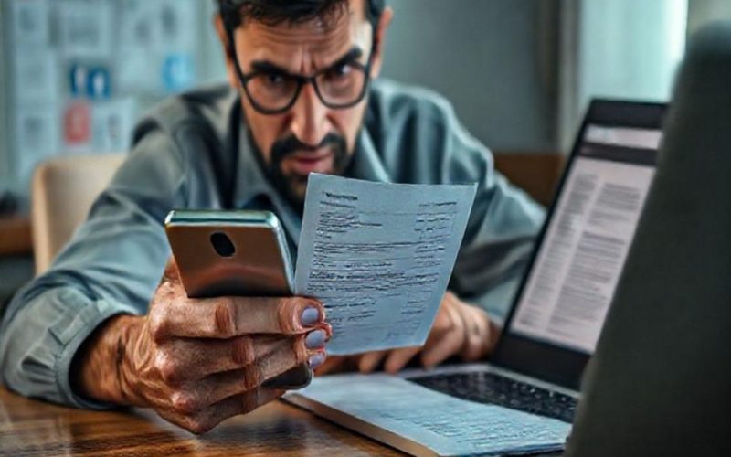 Imagem de capa mostrando usuário analisando prova de transferência por aplicativo com itens de perícia ao redor.