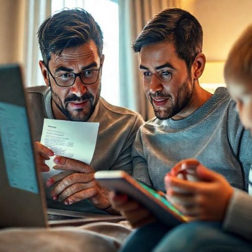 Capa mostrando pai analisando recibo digital enquanto filho joga, simbolizando atenção às compras em jogos.