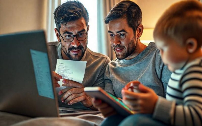 Capa mostrando pai analisando recibo digital enquanto filho joga, simbolizando atenção às compras em jogos.