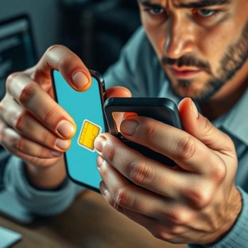Usuário apreensivo ejetando o chip SIM do smartphone, representando preocupação com segurança e investigação.