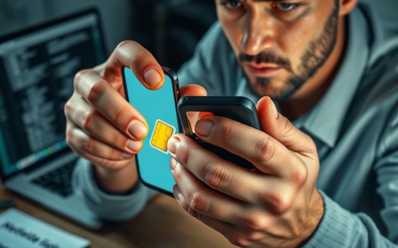 Usuário apreensivo ejetando o chip SIM do smartphone, representando preocupação com segurança e investigação.